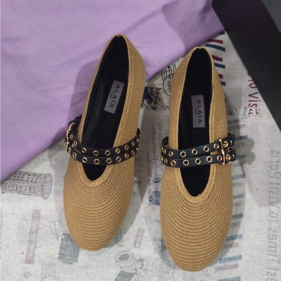 Alaia Shoes - Alaia Camel Woven Mary Jane Flats with Black Studded Strap